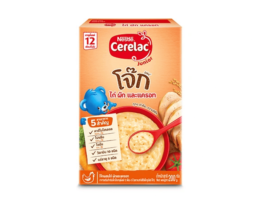 ซีรีแล็ค จูเนียร์ โจ๊ก (Cerelac Junior) ผสมไก่ ผัก และแครอท 200 กรัม - กล่องด้านหน้า