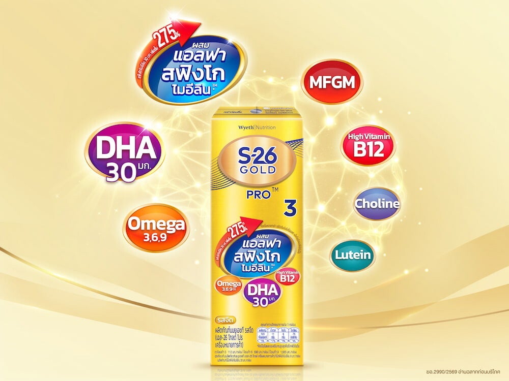  นม UHT S-26 Gold Pro รสจืด 180 มล. ล้อมด้วยไอคอนสารอาหาร DHA MFGM โคลีน ลูทีน และวิตามินบี 12​