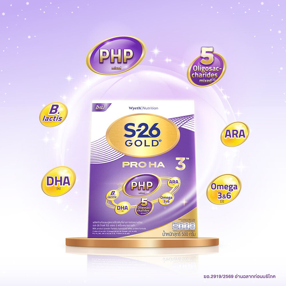 กล่องนมผง S-26 Gold Pro HA3 ล้อมด้วยไอคอน PHP, 5 Oligosaccharides, B. lactis, DHA, ARA และ Omega 3&6