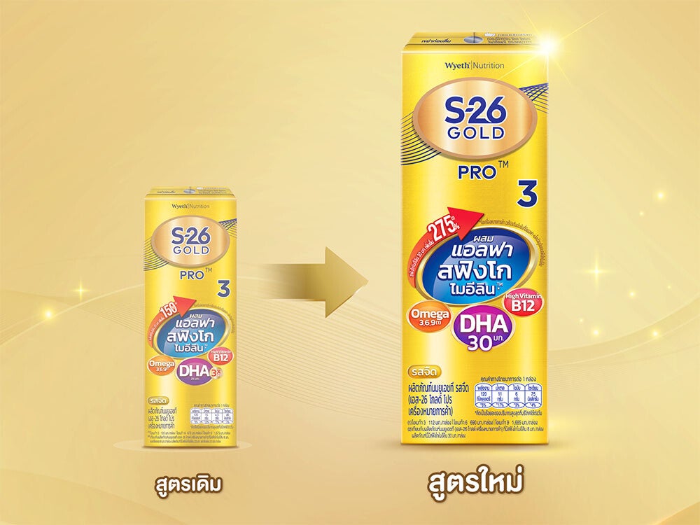 เปรียบเทียบนมกล่อง UHT S-26 Gold Pro สูตรเดิมและสูตรใหม่ วางคู่กันพร้อมลูกศร