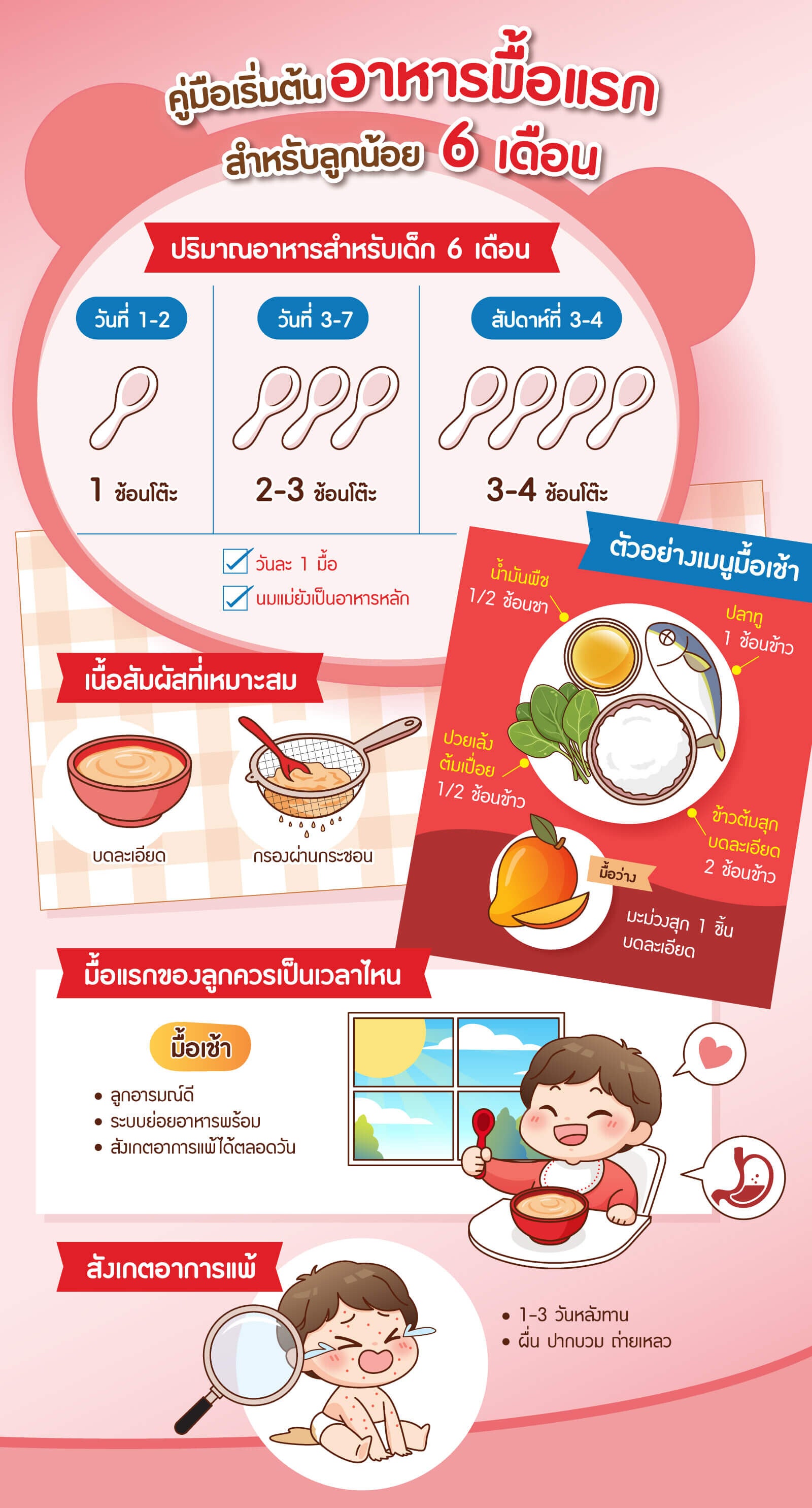 ภาพอินโฟกราฟิกคู่มือเริ่มต้นอาหารมื้อแรกสำหรับลูกน้อย 6 เดือน