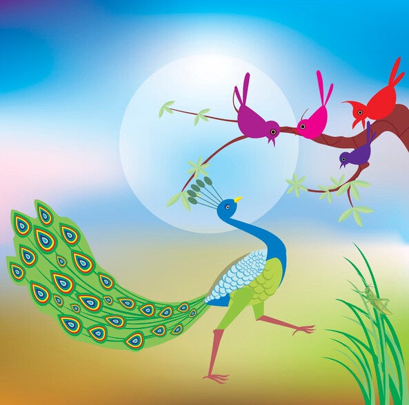 นิทานอีสปสั้นๆ เรื่อง กากับนกยูง