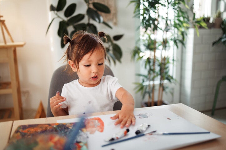 เด็หผู้หญิงกำลังใช้มือระบายสีอย่างตั้งใจ