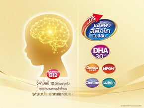 เงาศีรษะเด็กและสมองเรืองแสง พร้อมไอคอนสารอาหารใน นม UHT
