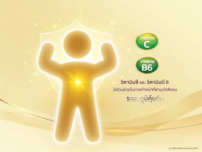 ไอคอนเด็กยกแขนพร้อมไอคอนวิตามินซี วิตามินบี 6 ในนม UHT