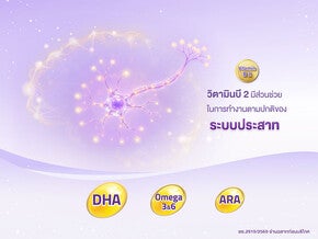 เซลล์ประสาทเรืองแสงสีม่วง พร้อมไอคอนวิตามินบี 2 DHA Omega 3&6 และ ARA