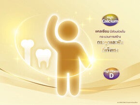 ไอคอนเด็กพร้อมไอคอนกระดูกและฟัน แคลเซียม และวิตามินดี ในนม UHT​