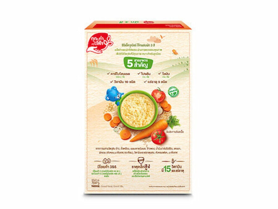 ซีรีแล็ค จูเนียร์ โจ๊ก (Cerelac Junior) ผสมผัก 3 สี (แครอท,หัวหอม,มะเขือเทศ) 200 กรัม – กล่องด้านหลัง